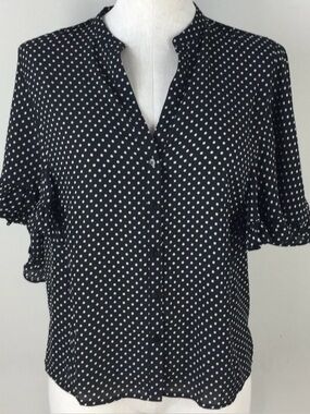 WANN TAYLOR LOFT Polka Dots Button Down Ruffle Sleeves Blouse. Retro. SZ. Medium